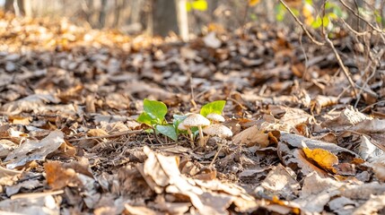 Small mushrooms sprout amidst autumn leaves in a forest