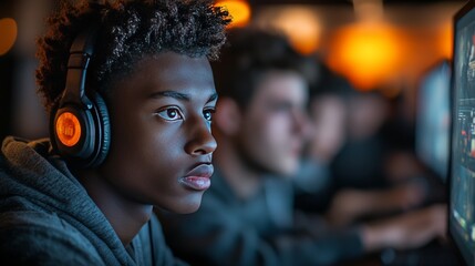 Obraz premium Focused african male teen gaming with headphones in cyber cafe