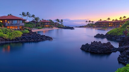 Obraz premium Buildings along water at dusk, with palm trees and a coastline in the distance.