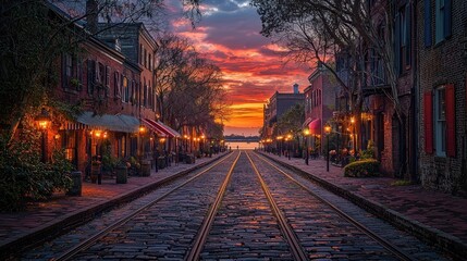 Fototapeta premium Street with rails at sunset. City buildings on sides. Possible travel use