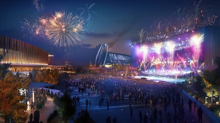 Stunning Nighttime Festival with Fireworks and Crowd