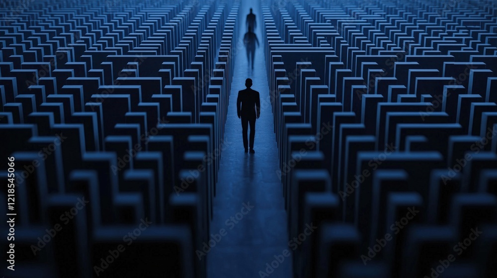 Poster solitary figure navigates maze of dark structures in surreal environment with abstract shadows loomi