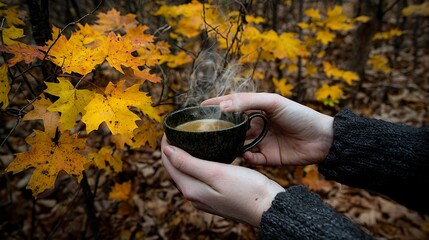 - A close-up of hands holding a steaming coffee cup with autumn foliage in the background, showcasing vibrant yellow and orange leaves