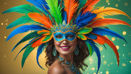 Fototapeta premium Brazilian Carnival Lady! A vibrant Latina woman dressed in a dazzling and bright costume, celebrating a traditional Rio fiesta. Colorful flat illustration with space for text—perfect for a banner.