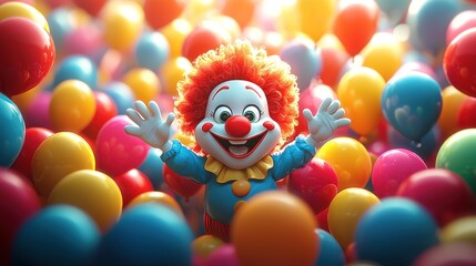 Clown raising hands, surrounded by floating balloons, for party or celebration.