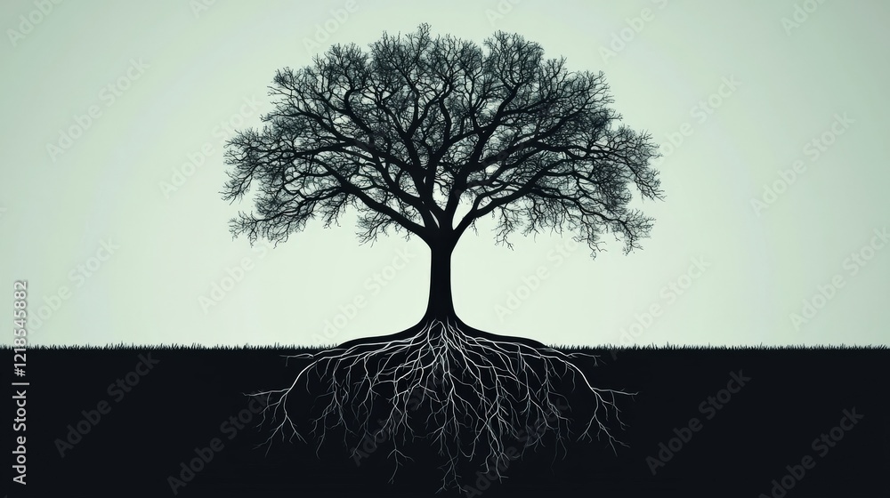 Poster artistic depiction of a tree with intricate roots on a minimalistic background showcasing nature's b
