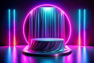 Stage with a purple curtain and a white table