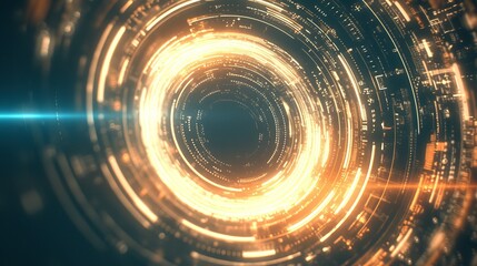 Obraz premium Futuristic glowing digital tunnel with circular light patterns and technology elements