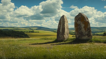 Standing stones in picturesque French countryside under blue sky