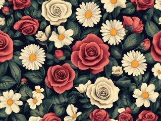 Fototapeta premium A Seamless Pattern of Red Roses and White Daisies with Green Leaves Background