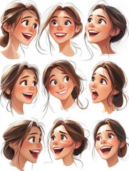 Expressive emotions of a young woman digital artwork illustrative series studio close-up joy and surprise