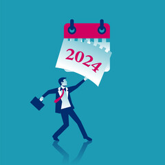 Goodbye 2024. A businessman tears off a calendar sheet of the outgoing year. Parting with coming year. Vector illustration flat design. Isolated on white background.