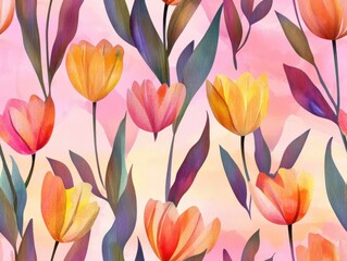 A Seamless Pattern of Pink and Red Tulips with Green Leaves on a Light Yellow Background
