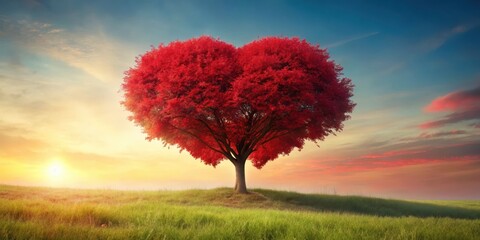 A majestic red heart-shaped tree stands alone in a serene forest landscape, its branches stretching towards the sky like outstretched arms, isolated tree, rural scenery