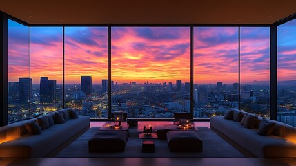 Sunset cityscape view from modern penthouse living room.