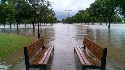 Fototapeta premium Park Bench Completely Submerged by Floodwaters with Trees and Streetlights in Background