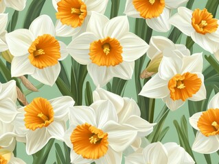 Obraz premium A Seamless Pattern of White Daffodils with Orange Trumpets on a Green Background