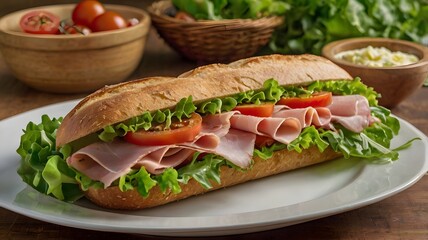 A fresh baguette sandwich with ham, cheese, lettuce, and tomato, served with a small side of salad. 