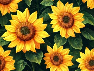 Obraz premium A Seamless Pattern of Bright Yellow Sunflowers with Brown Centers and Green Leaves