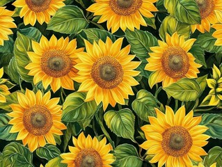 Fototapeta premium A Seamless Pattern of Bright Yellow Sunflowers with Brown Centers and Green Leaves