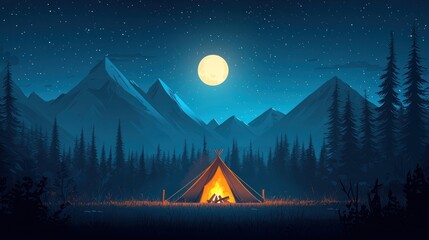 Tent glows under moonlight, mountains, trees. Illustration for travel, adventure