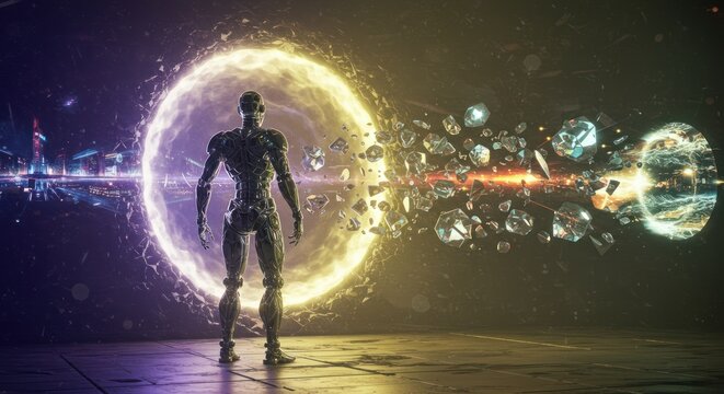 Cybernetic Figure Contemplates Shattered Portal in a Futuristic, Glowing Scene - Powered by Adobe