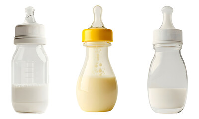 Collection set of Baby bottle filled with milk on a transparent background.