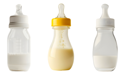 Collection set of Baby bottle filled with milk on a transparent background.