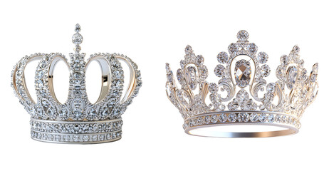Silver crown adorned with diamonds on a transparent background.