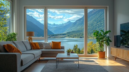 Fototapeta premium Serene living room with mountain view cozy home interior design natural light modern aesthetics
