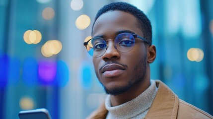 Young man using smartphone urban city portrait photography modern environment close-up view technology awareness