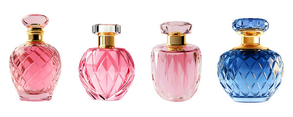 Pink perfume bottle featuring a transparent design with gold accents, perfect for luxury and beauty-themed projects on a transparent background.
