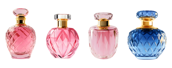 Pink perfume bottle featuring a transparent design with gold accents, perfect for luxury and beauty-themed projects on a transparent background.