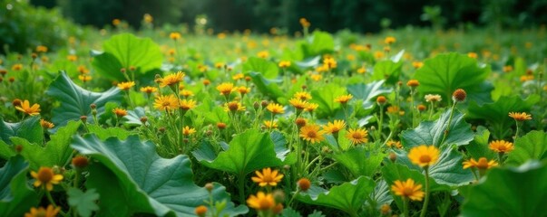A carpet of wildflowers covering the large cassava leaf bed, foliage, cassava, carpeted