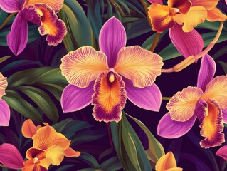 Fototapeta premium A Seamless Pattern of White and Purple Orchids with Dark Green and Purple Tropical Leaves on a Dark Purple Background