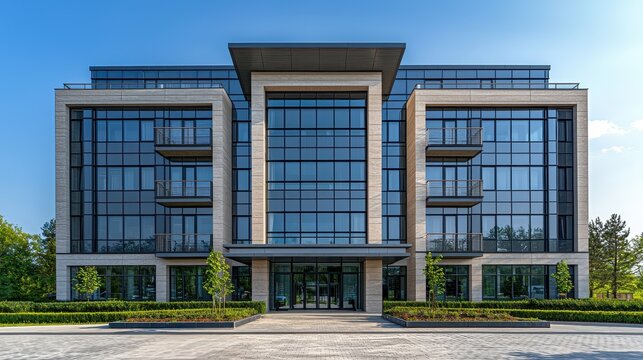 Modern commercial building design urban setting architectural photography clear sky front view contemporary style - Powered by Adobe