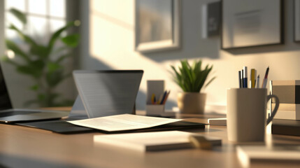 Fototapeta premium Professional 3D Scene with Open Document on a Desk in Modern Workspace Setting