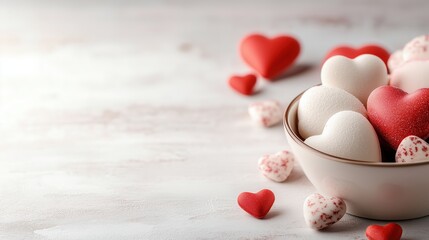 Valentine's day heart shaped candies filling a bowl on white wooden table