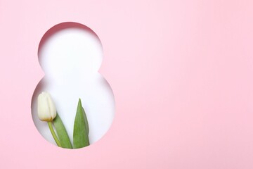 8 March greeting card design with flower, top view. Happy International Women's Day