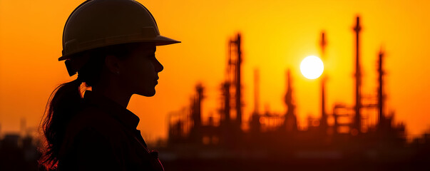 Sunset refinery worker silhouette