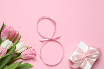 8 March greeting card design with tulip flower, top view. Happy International Women's Day