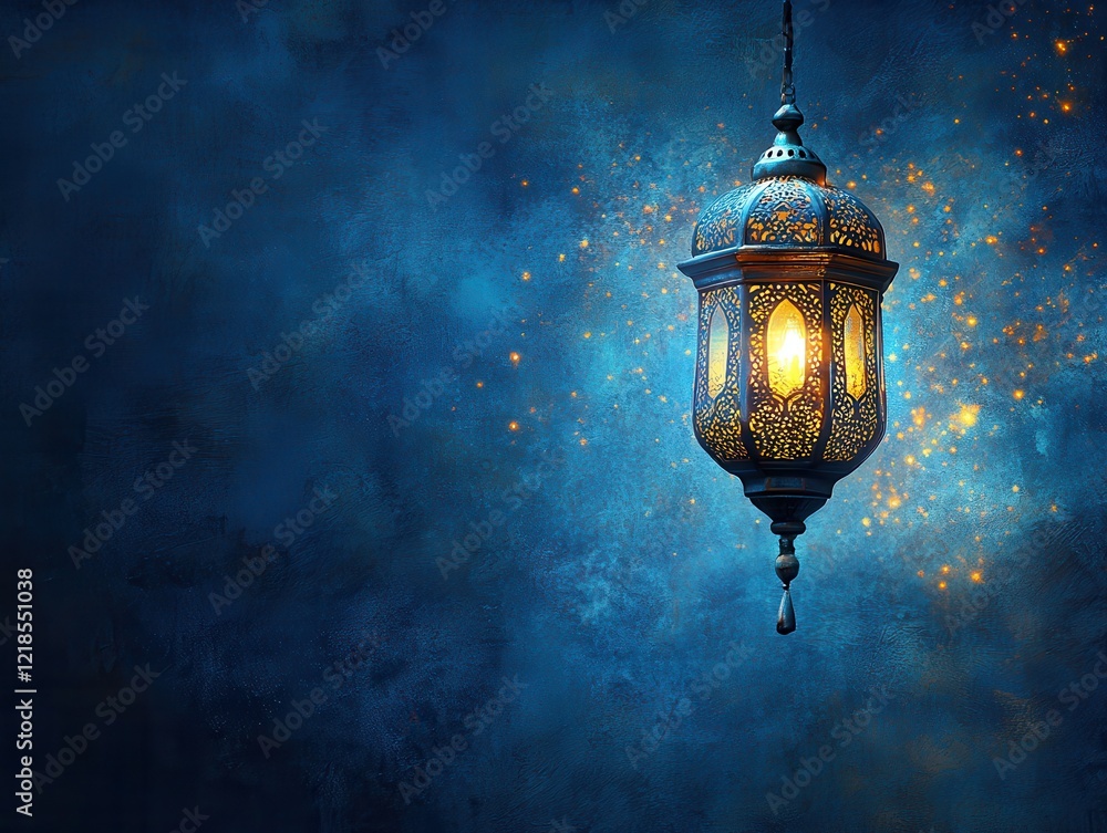 Poster ornate lantern illuminates dark blue background with sparkling lights creating a warm and inviting a