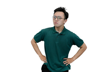 Fototapeta premium Confident Individual Standing with Hands on Hips and Thoughtful Expression on a white isolated background