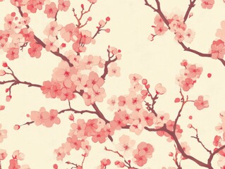 Fototapeta premium A Seamless Pattern of Light Pink Cherry Blossoms with Brown Branches on an Off-White Background