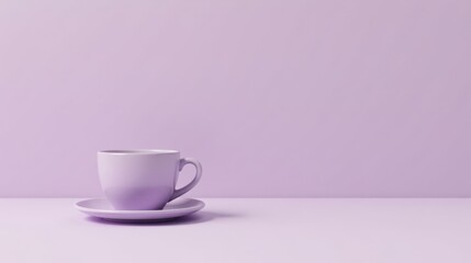 Fototapeta premium A single lavender cup and saucer rests on a pale purple surface against a matching background, a minimalist scene of serenity and calm.