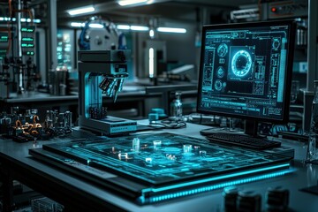 A futuristic lab scene featuring advanced technology, including a microscope and a high-tech computer monitor displaying intricate data.