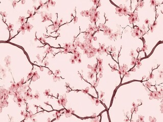 A Seamless Pattern of Light Pink Cherry Blossoms with Brown Branches on an Off-White Background