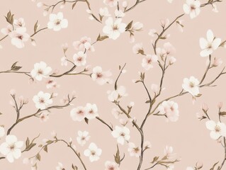 A Seamless Pattern of Light Pink Cherry Blossoms with Brown Branches on an Off-White Background