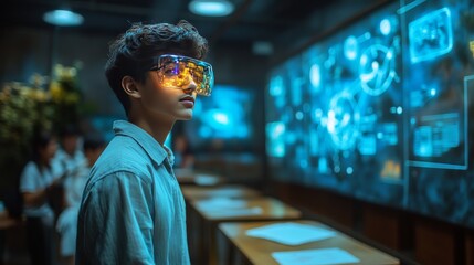 Asian male teen engaged in virtual reality experience with futuristic holographic displays