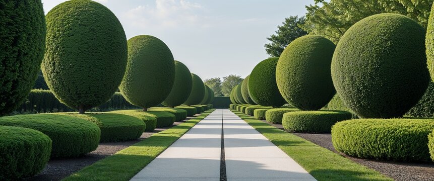 Circular topiary bushes placed along a straight minimal pathway